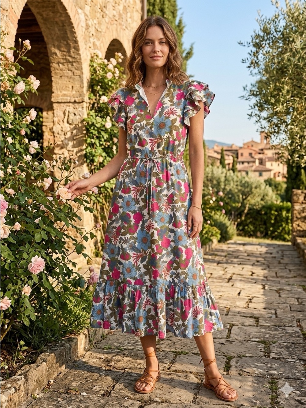Sugarlips Floral Tie-Waist Midi Dress in Pink, Blue & Green